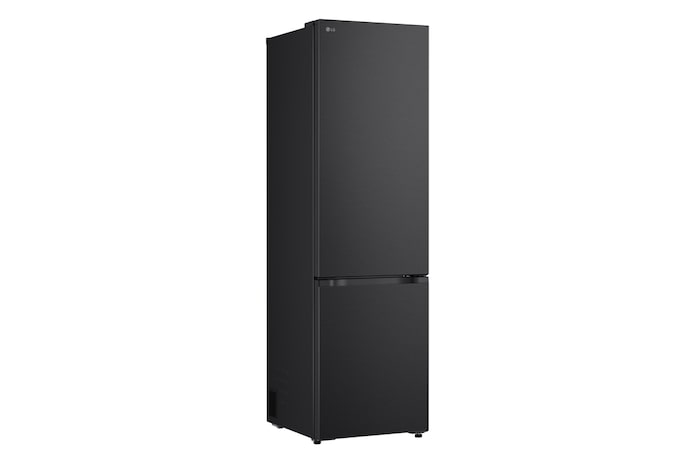 LG fridge freezer (GBBS726BEV) shelf highlighted in blue with arrows up and down right image shows folded shelf holding two water bottles