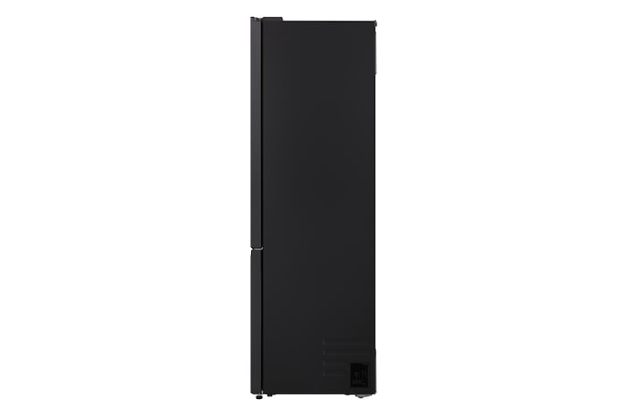 LG fridge freezer (GBBS726BEV) built into dark brown cabinetry with window and sofa on left and sink on right