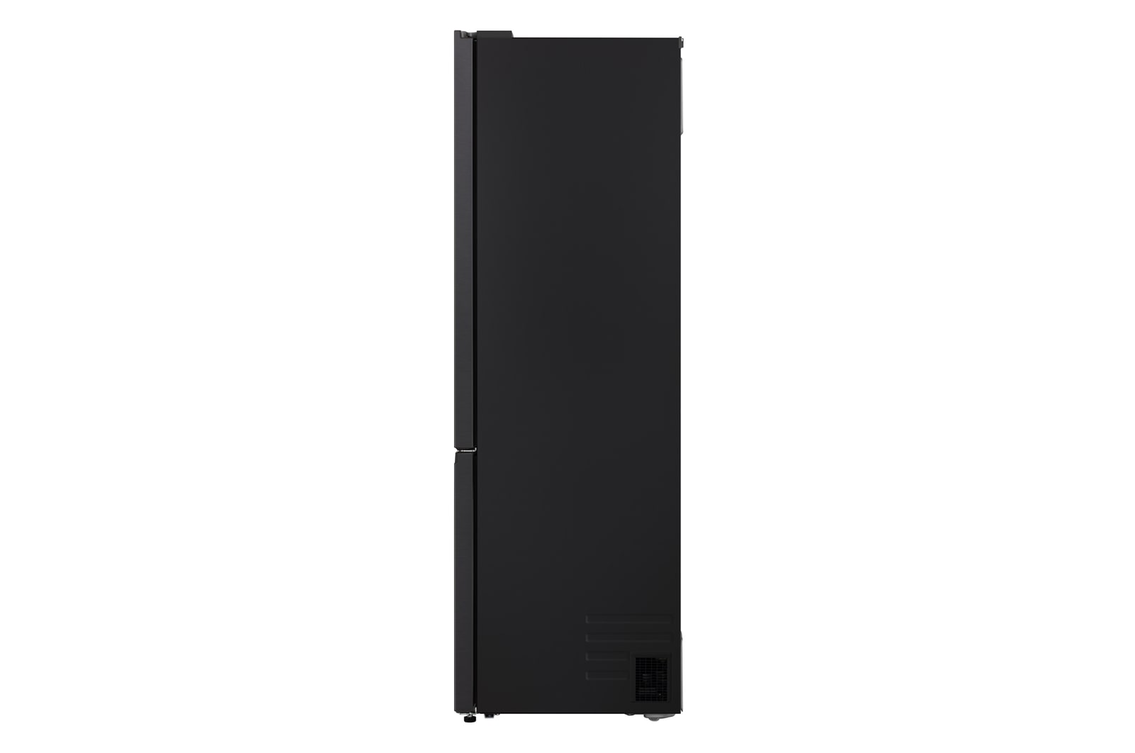 LG fridge freezer (GBBS726BEV) built into dark brown cabinetry with window and sofa on left and sink on right