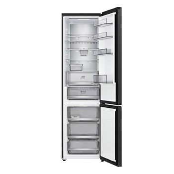 LG fridge freezer (GBBS726BEV) top view with matte black fridge on left and cabinet wall on right