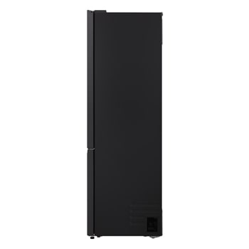 LG fridge freezer (GBBS726BEV) built into dark brown cabinetry with window and sofa on left and sink on right