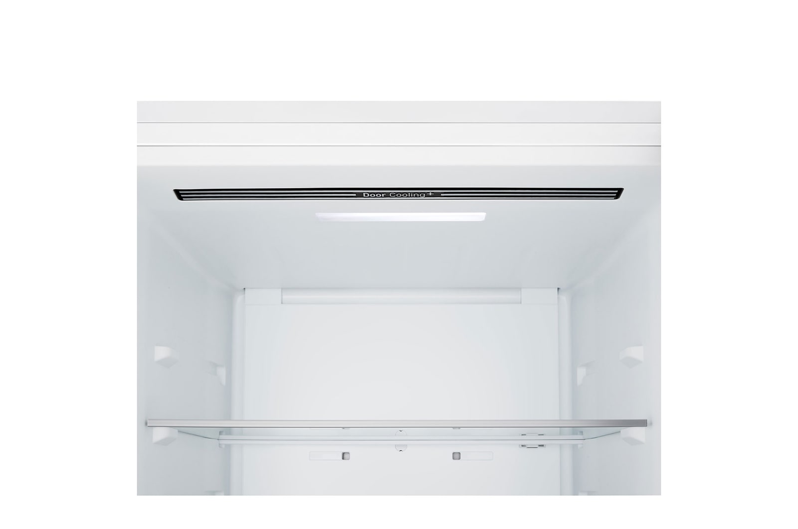 Chladnička s mrazničkou LG – detailní záběr na stojan na víno pro čtyři láhve a krabičku makronek s designem stojanu zvětšeným v kruhovém obrázku