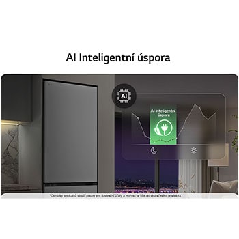 Spodní mraznička LG (gbbs726cpy) v obývacím prostoru s nočním pohledem na město, překrytá grafikou režimu AI Saving Mode a grafem kolísání spotřeby energie