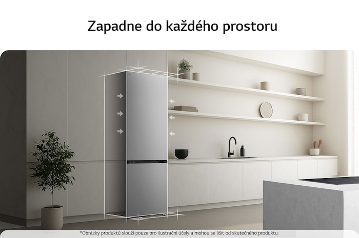 Spodní mraznička LG (gbbs726cpy) je zapuštěna do vysoké stěny v teplé béžové barvě s bílými šipkami směřujícími k horní a přední straně