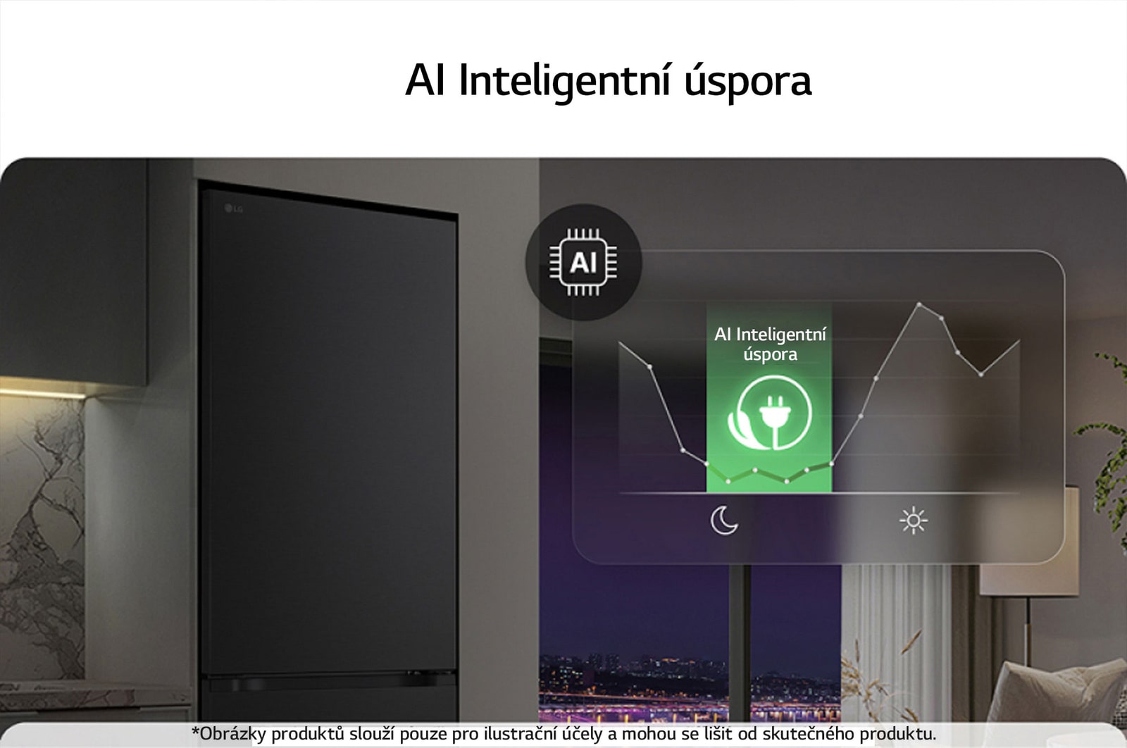 Spodní mraznička LG (gbbs726cpy) v obývacím prostoru s nočním pohledem na město, překrytá grafikou režimu AI Saving Mode a grafem kolísání spotřeby energie