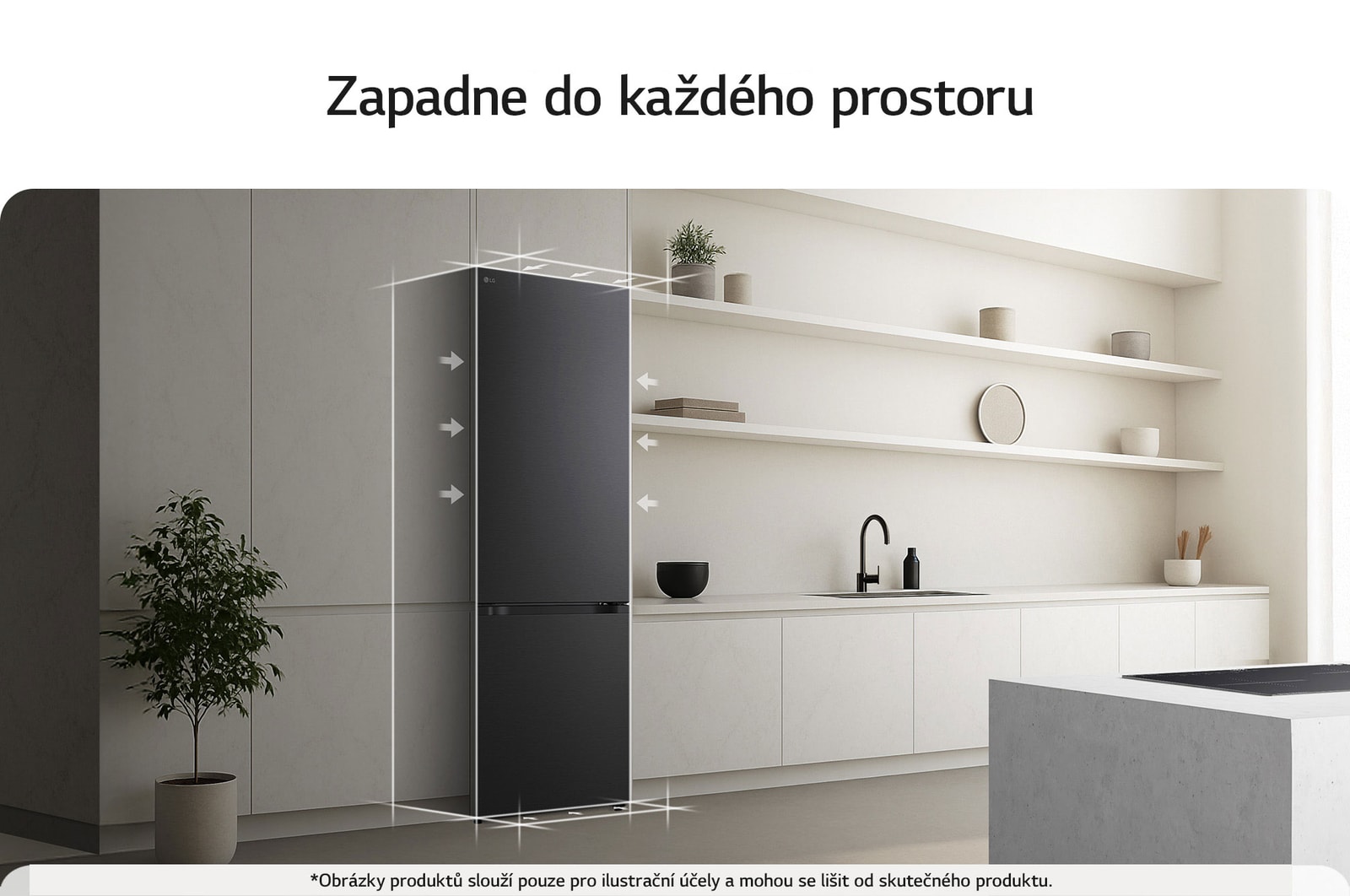 Spodní mraznička LG (gbbs726cpy) je zapuštěna do vysoké stěny v teplé béžové barvě s bílými šipkami směřujícími k horní a přední straně