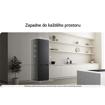 Spodní mraznička LG (gbbs726cpy) je zapuštěna do vysoké stěny v teplé béžové barvě s bílými šipkami směřujícími k horní a přední straně