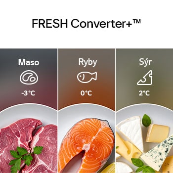 Vlevo je zobrazeno maso s teplotou -3 °C, uprostřed čerstvé ryby s teplotou 0 °C a vpravo sýr s teplotou 2 °C.