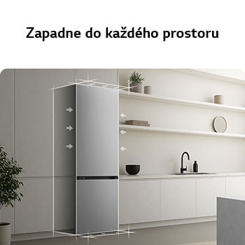 Spodní mraznička LG (gbbs726cpy) je zapuštěna do vysoké stěny v teplé béžové barvě s bílými šipkami směřujícími k horní a přední straně