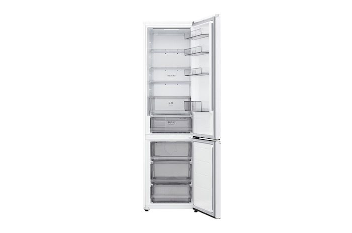 Pohled na plně otevřené dveře spodní mrazničky LG zobrazující chladicí a mrazicí přihrádky