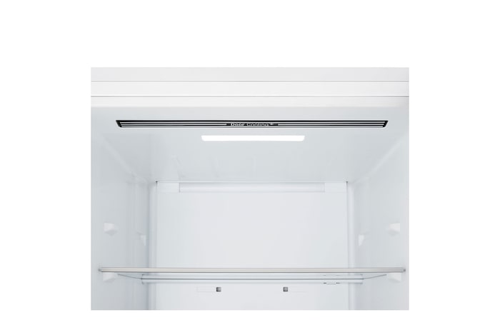 Chladnička s mrazničkou LG – detailní záběr na stojan na víno pro čtyři láhve a krabičku makronek s designem stojanu zvětšeným v kruhovém obrázku