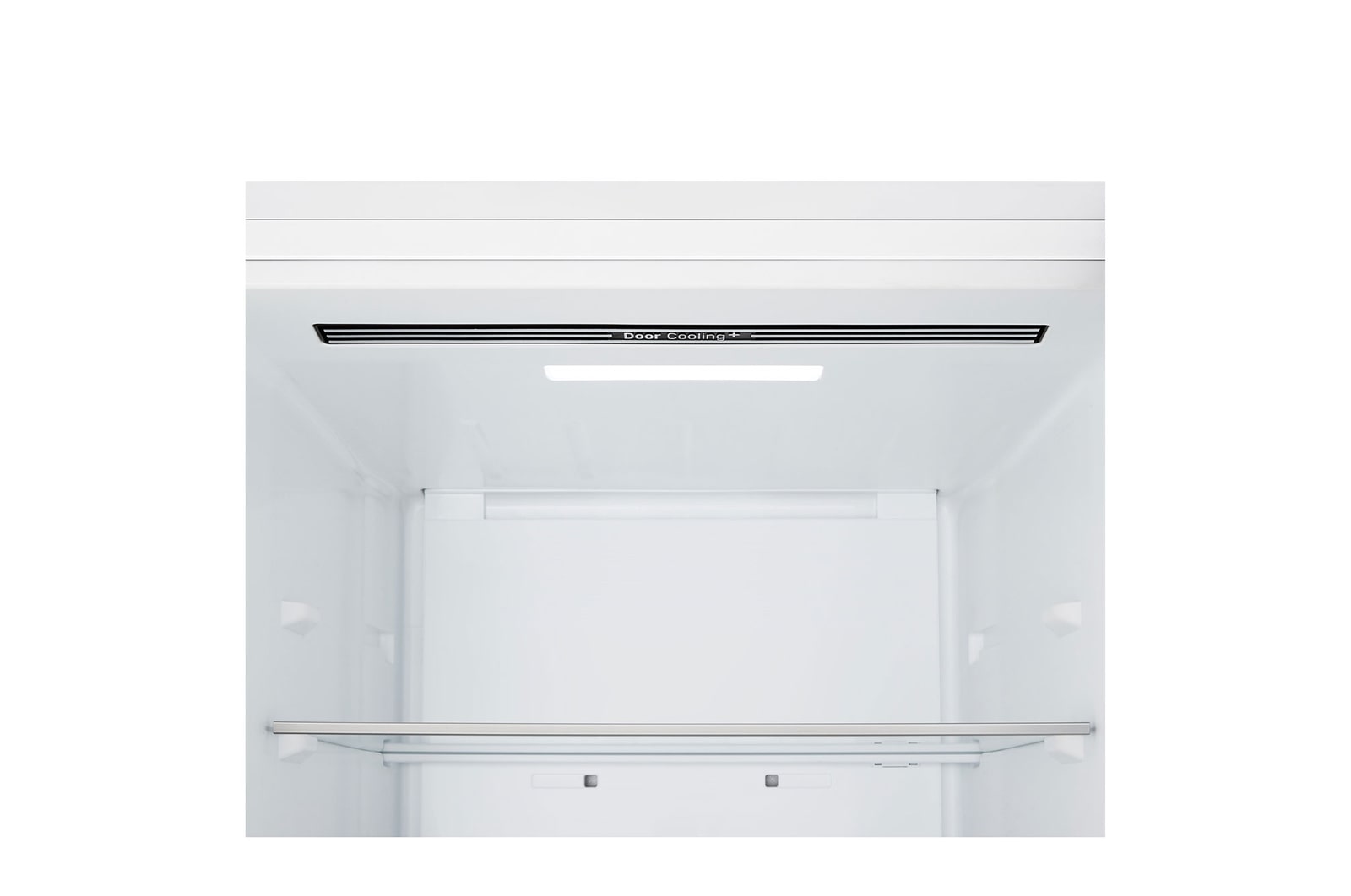 Chladnička s mrazničkou LG – detailní záběr na stojan na víno pro čtyři láhve a krabičku makronek s designem stojanu zvětšeným v kruhovém obrázku