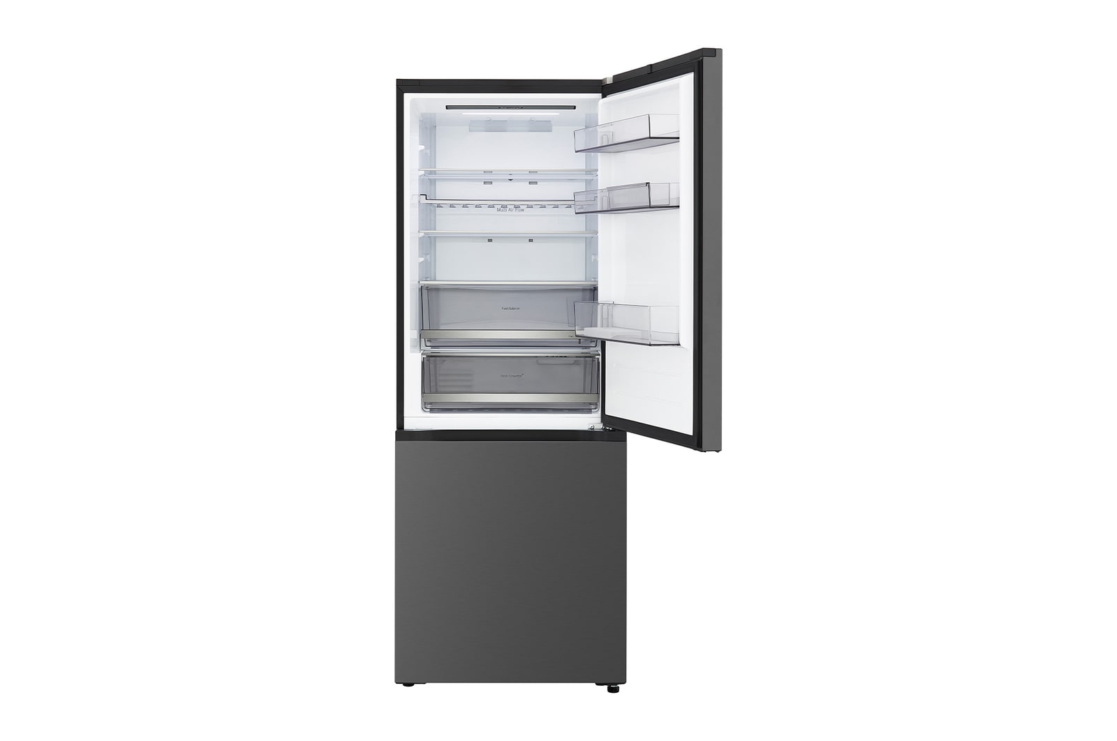 LG fridge freezer (GBBW726AEV) top view with matte black fridge on left and cabinet wall on right