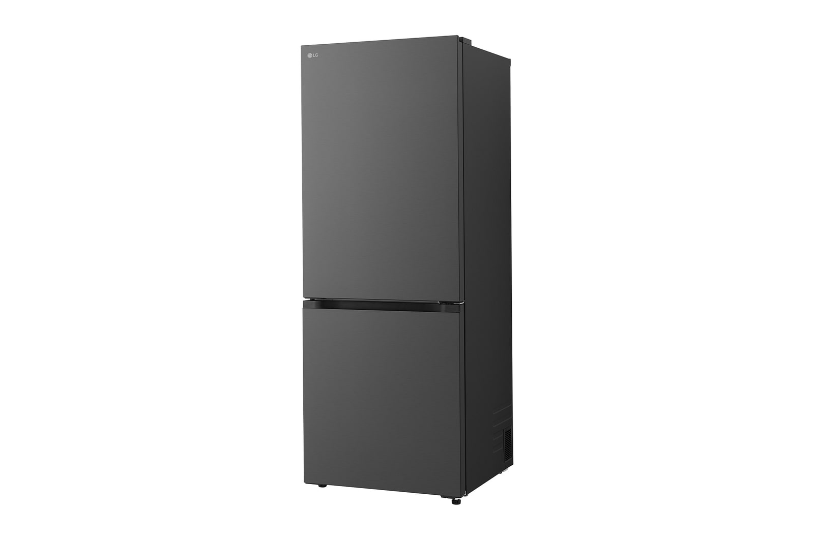 LG bottom freezer (GBBW726AEV) in living space with night city view overlaid with AI Saving Mode graphic and fluctuating energy chart