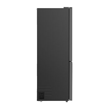 LG fridge freezer (GBBW726AEV) shelf highlighted in blue with arrows up and down right image shows folded shelf holding two water bottles
