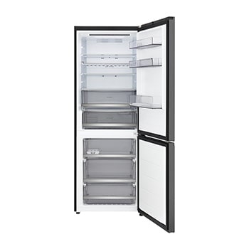 LG bottom freezer (GBBW726AEV) full door open view showing fridge and freezer compartments
