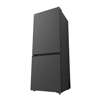 LG fridge freezer (GBBW726AEV) close up of wine rack holding four bottles and box of macarons with rack design magnified in circular image