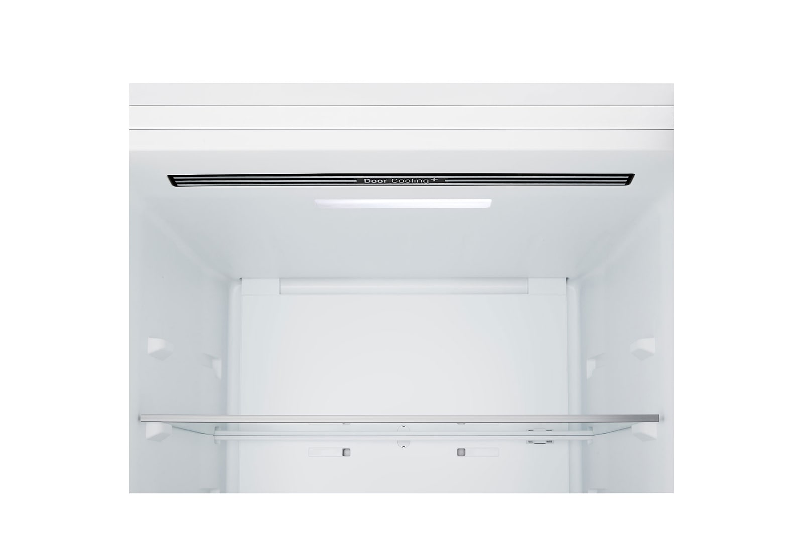 Chladnička s mrazničkou LG – detailní záběr na stojan na víno pro čtyři láhve a krabičku makronek s designem stojanu zvětšeným v kruhovém obrázku