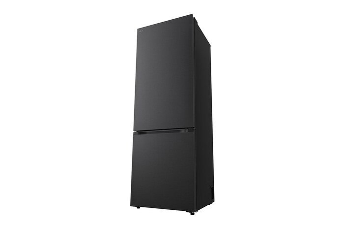LG fridge freezer (GBBW726AEV) built into dark brown cabinetry with window and sofa on left and sink on right