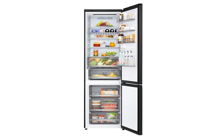 LG fridge freezer (GBBW726AEV) top view with matte black fridge on left and cabinet wall on right