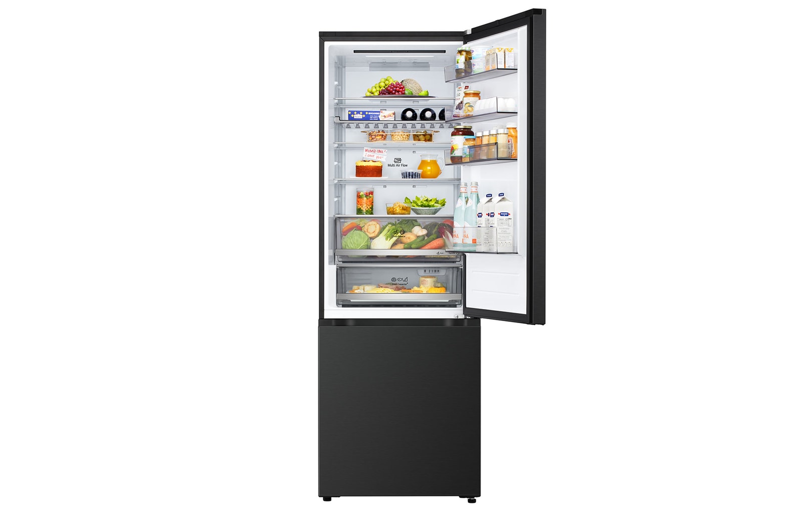 LG fridge freezer (GBBW726AEV) close up of wine rack holding four bottles and box of macarons with rack design magnified in circular image