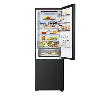 LG fridge freezer (GBBW726AEV) close up of wine rack holding four bottles and box of macarons with rack design magnified in circular image