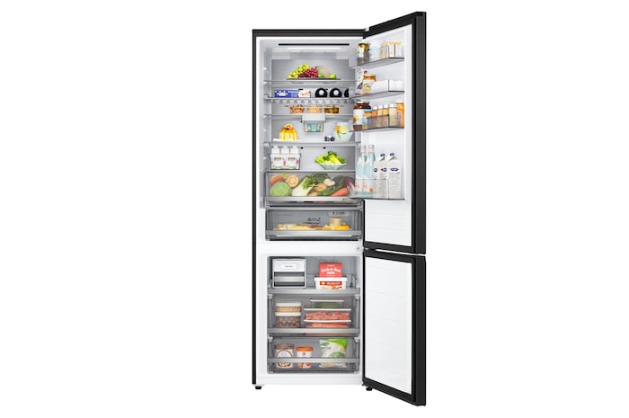 LG bottom freezer (GBBW726AEV) full door open view showing fridge and freezer compartments