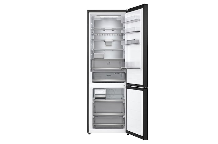 LG fridge freezer (GBBW726AEV) top view with matte black fridge on left and cabinet wall on right