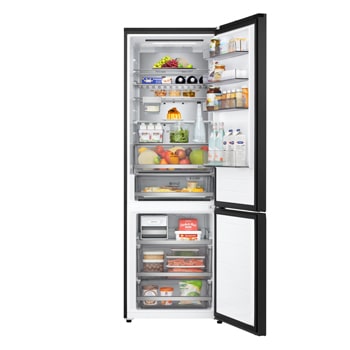 LG bottom freezer (GBBW726AEV) full door open view showing fridge and freezer compartments
