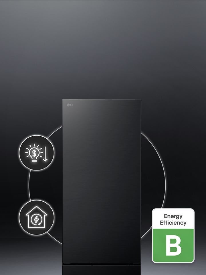 Kombinovaná chladnička LG s logem třídy energetické účinnosti na boku.