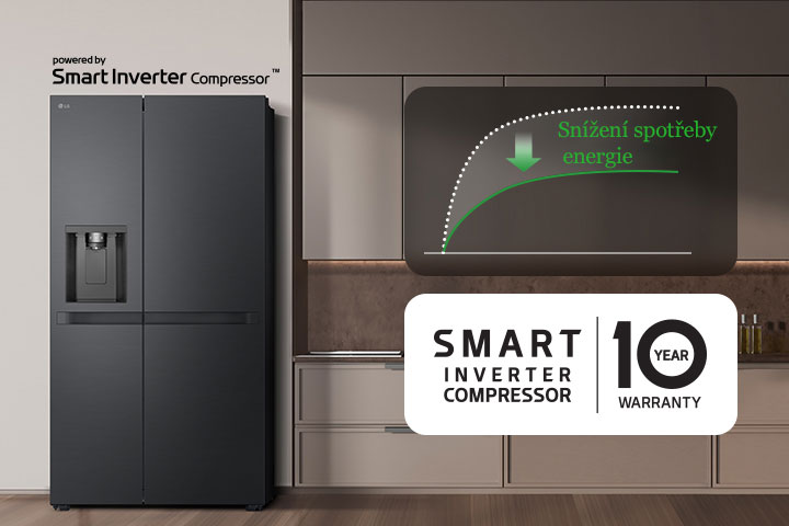 Chladnička je nainstalována na stěně kuchyně a je na ní zobrazen graf, který ukazuje snížení spotřeby energie při použití kompresoru Smart Inverter Compressor.