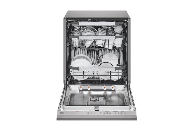 Čelní pohled na Vestavná parní myčka nádobí LG| A |14 sad nádobí QuadWash™| Noble Steel DB597TXS
