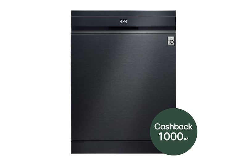 Pohled zepředu na černou myčku LG QuadWash™ DF587HMS s energetickou účinností A -10 %.