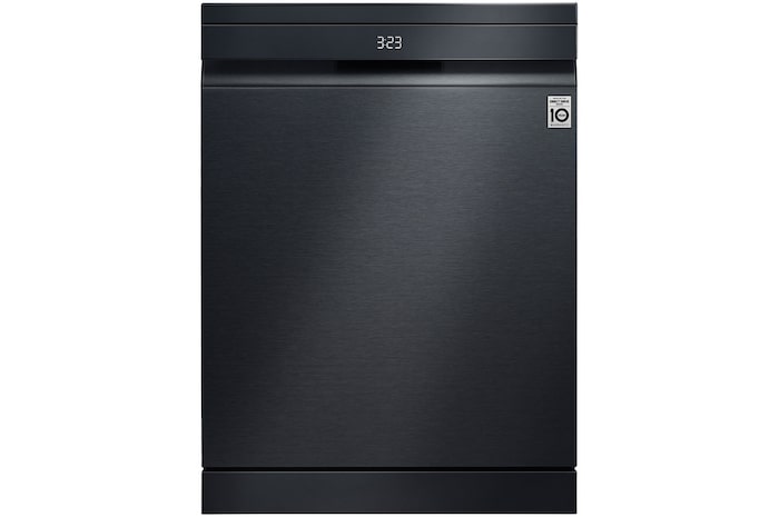 Pohled zepředu na černou myčku LG QuadWash™ DF587HMS s energetickou účinností A -10 %.