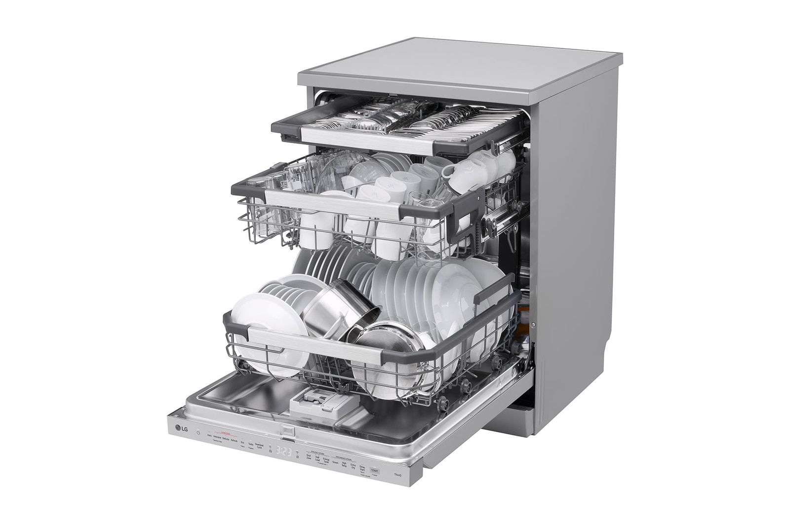 Obrázek napůl otevřené přední části myčky s nádobím