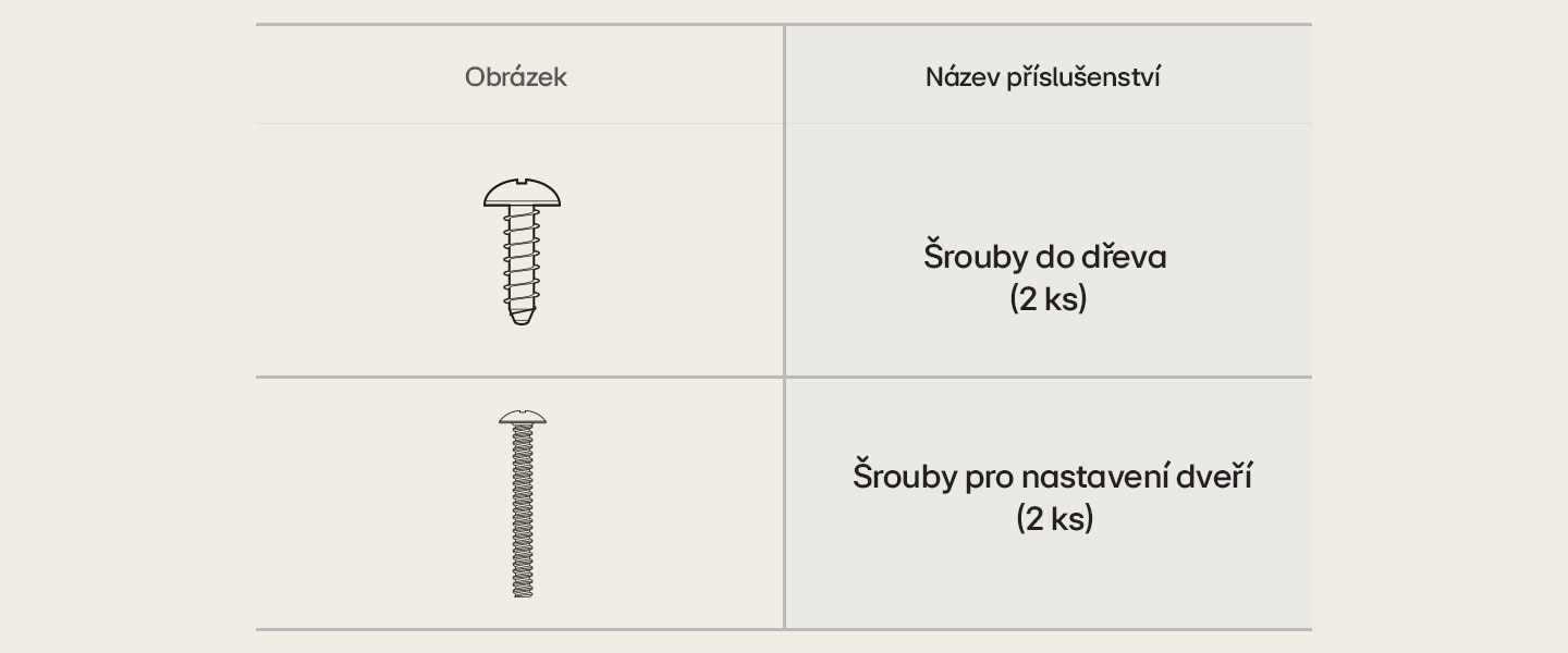 Šrouby do dřeva a šrouby pro nastavení dveří potřebné pro instalaci.	