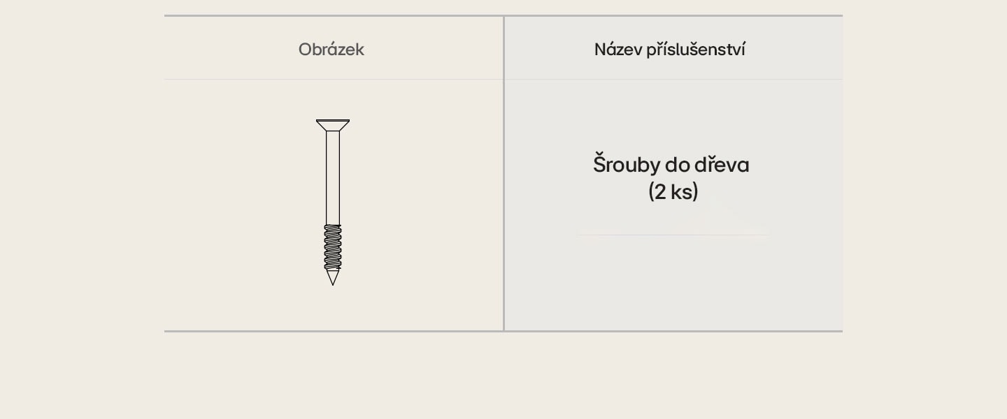 Šrouby do dřeva potřebné pro instalaci.	