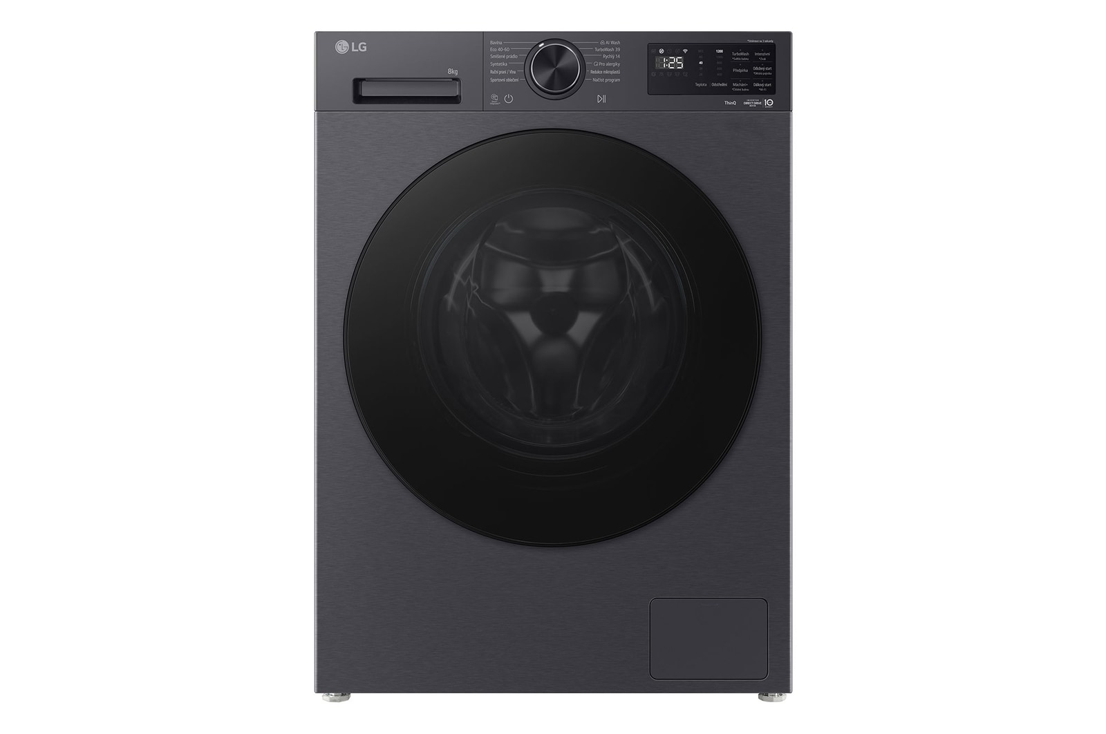 Čelní pohled na Slim parní pračka LG | 8 kg | A-30% | 1200 ot./min | TurboWash™360° | Černá/šedá F2X50S8TBB