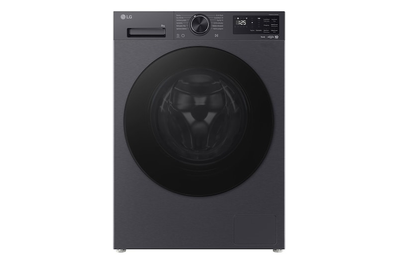 Čelní pohled na Slim parní pračka LG | 8 kg | A-30% | 1200 ot./min | TurboWash™360° | Černá/šedá F2X50S8TBB