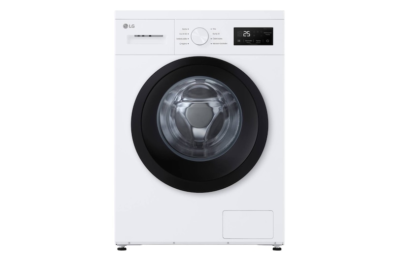 Čelní pohled na AI Slim pračka LG | 8 kg | A | 1400 ot./min | Rychlý 30' hygienický program | Bílá F4A10S8NWK