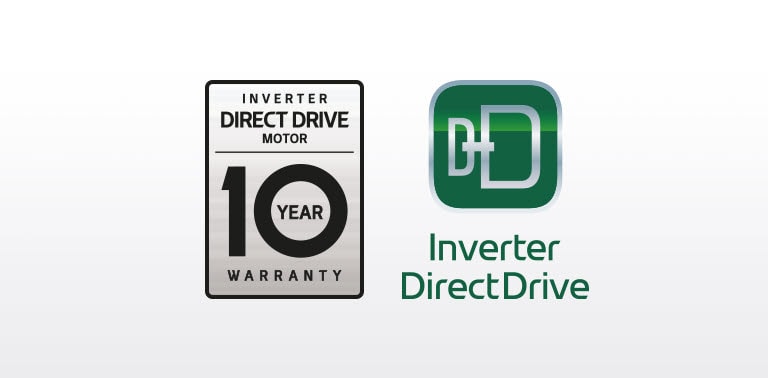 Na pravé straně je logo Inverter Direct Drive s ikonou a textem "Motor 10 Year Warranty".