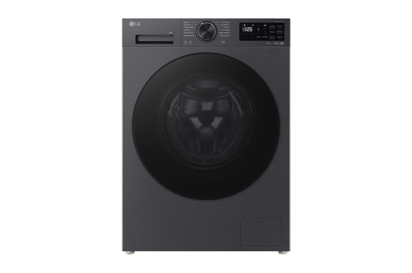Čelní pohled na Parní pračka LG | 9 kg | A-40% | 1400 ot./min | TurboWash™360° | ThinQ™|Černá F4X5009TBB