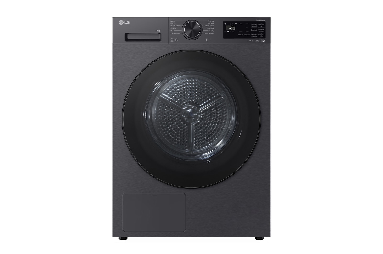 Čelní pohled na AI Sušička LG | 8 kg | AI DUAL Inverter Heat Pump™ |ThinQ™| Černá/šedá RHX5008TBB