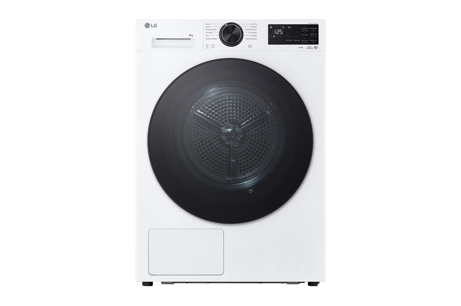 Čelní pohled na AI Sušička LG | 8 kg | AI DUAL Inverter Heat Pump™ |ThinQ™| Bílá RHX5008TLB