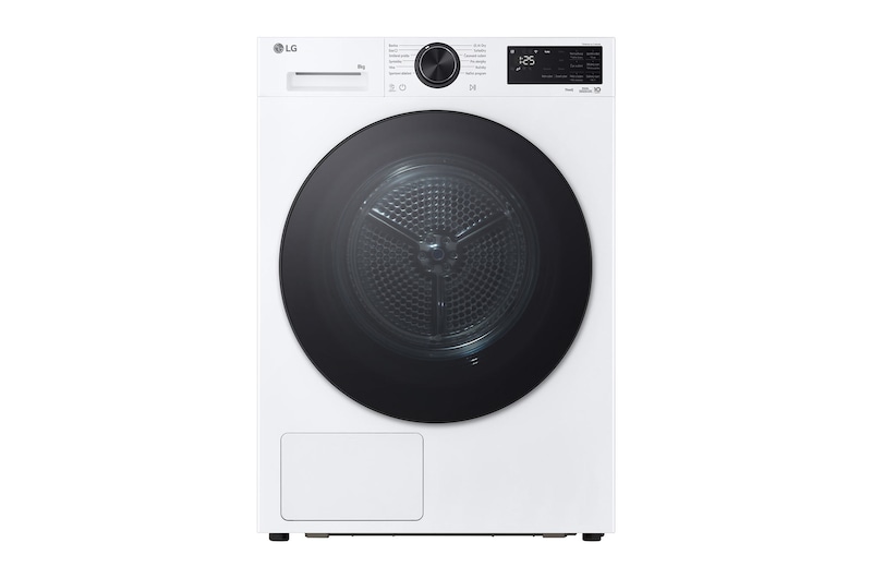 Čelní pohled na AI Sušička LG | 8 kg | AI DUAL Inverter Heat Pump™ |ThinQ™| Bílá RHX5008TLB