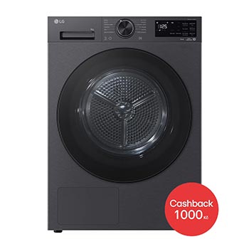 Čelní pohled na Sušička LG | 9 kg | AI DUAL Inverter Heat Pump™ |ThinQ™| Černá/šedá RHX5009TBB