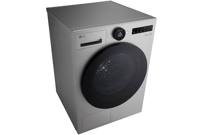 Detailní pohled na otevřený nerezový buben uvnitř sušičky LG