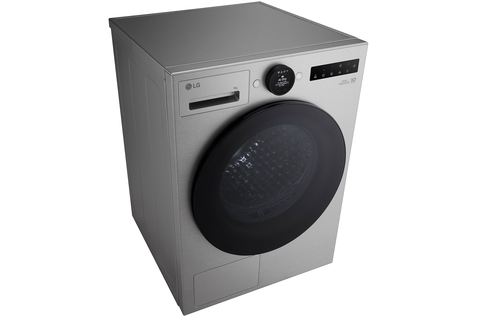 Detailní pohled na otevřený nerezový buben uvnitř sušičky LG