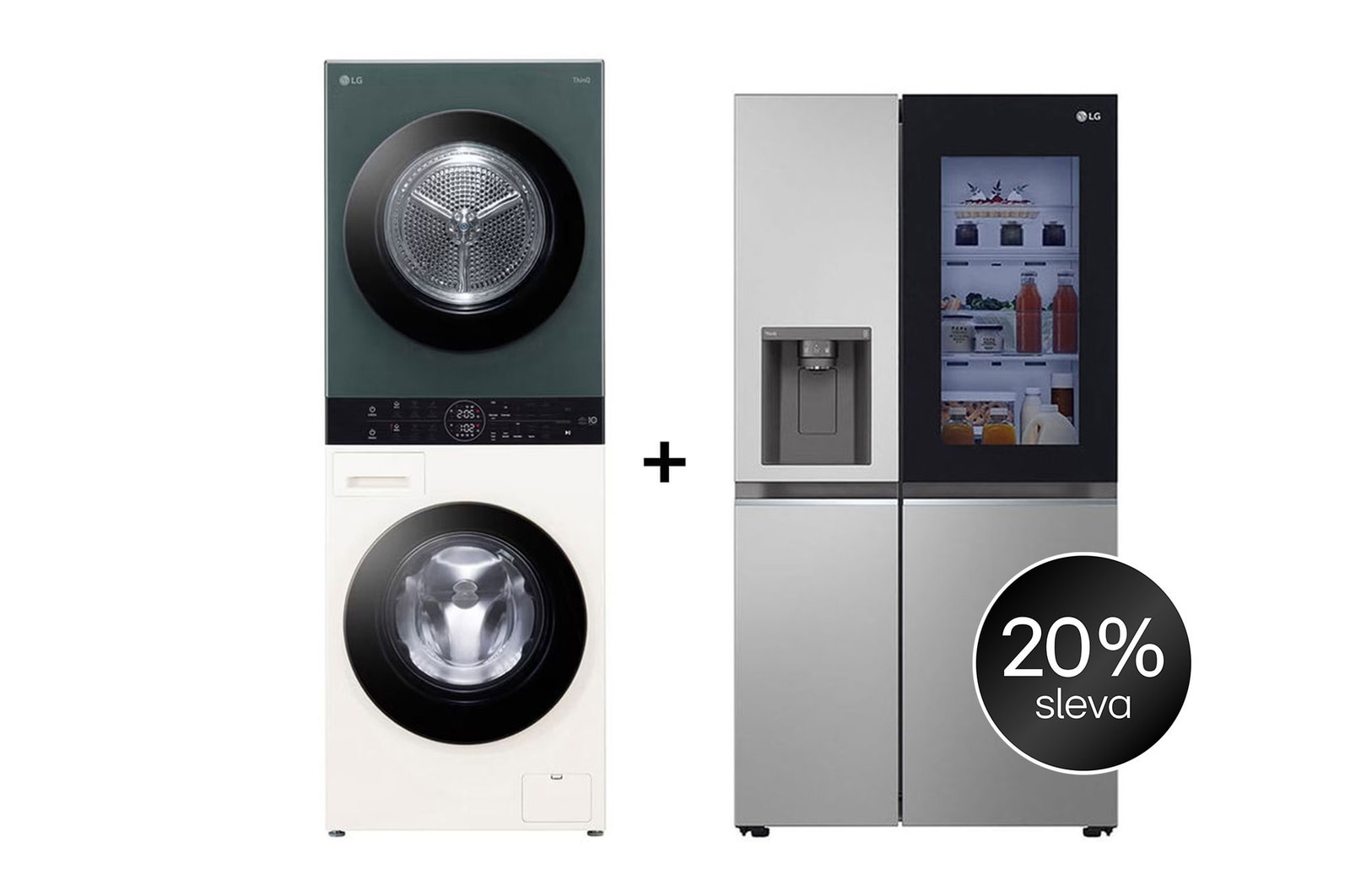 Čelní pohled na SET | LG WashTower WT1210EGF + Chladnička InstaView™ GSGV80PYLD CHPRSET10