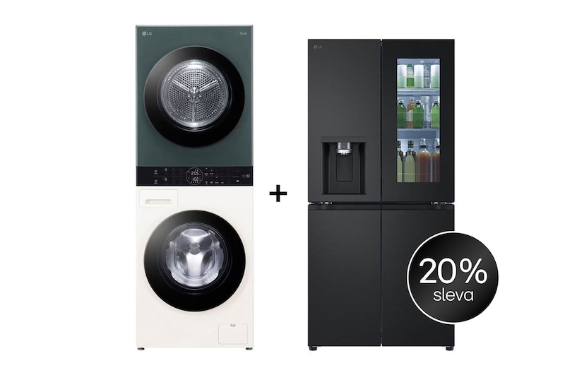 Čelní pohled na SET | LG WashTower WT1210EGF + Chladnička InstaView™ GMG860EPBE CHPRSET13
